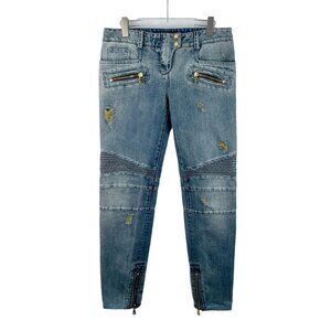 Balmain Blue Distressed Denim Trousers W/ Zipper Details & Perforated Accents Si